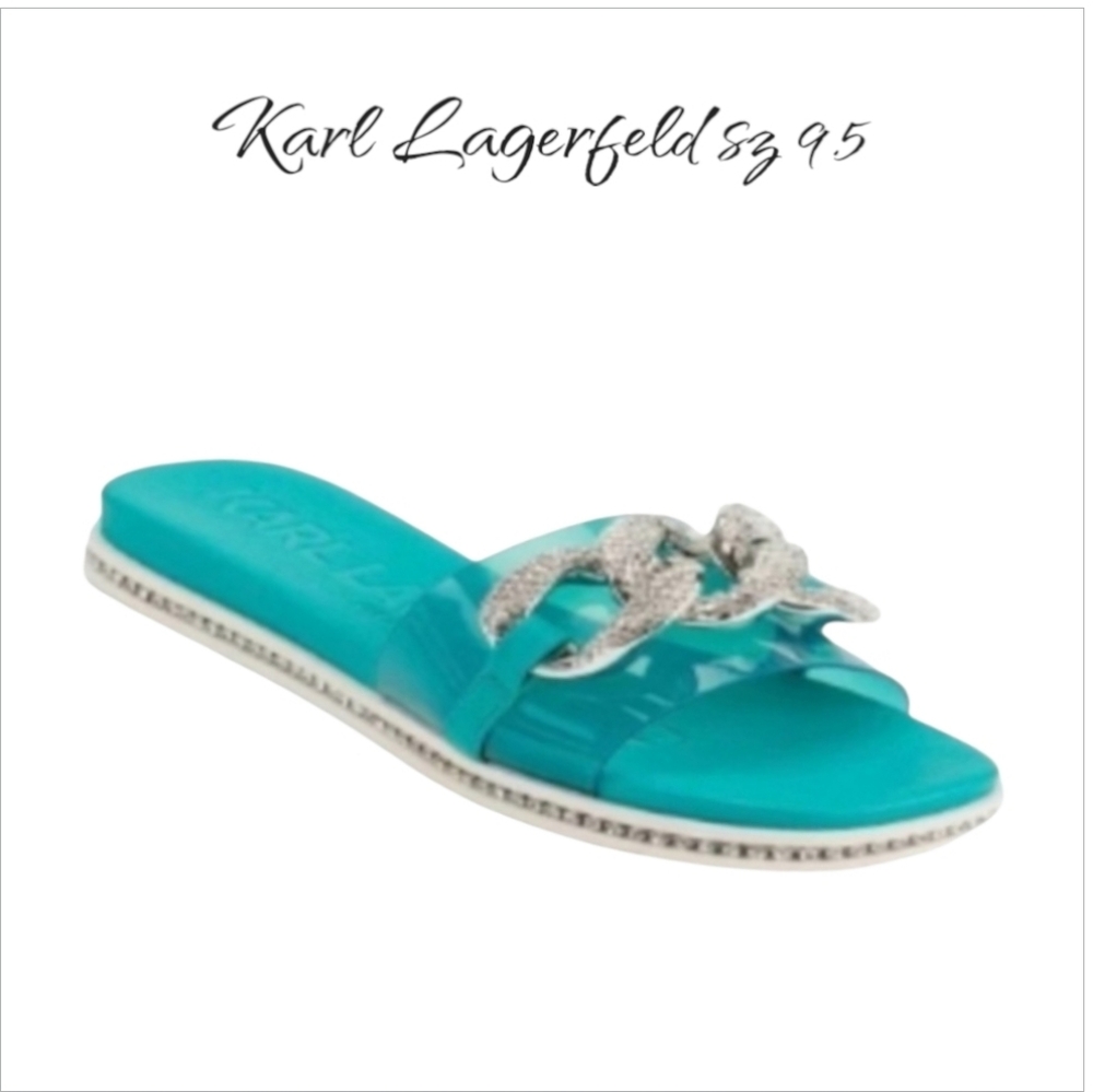 Karl Lagerfeld Jazelle Rhinestone Chain Slides Blue Sz 9.5 - Picture 2 of 11